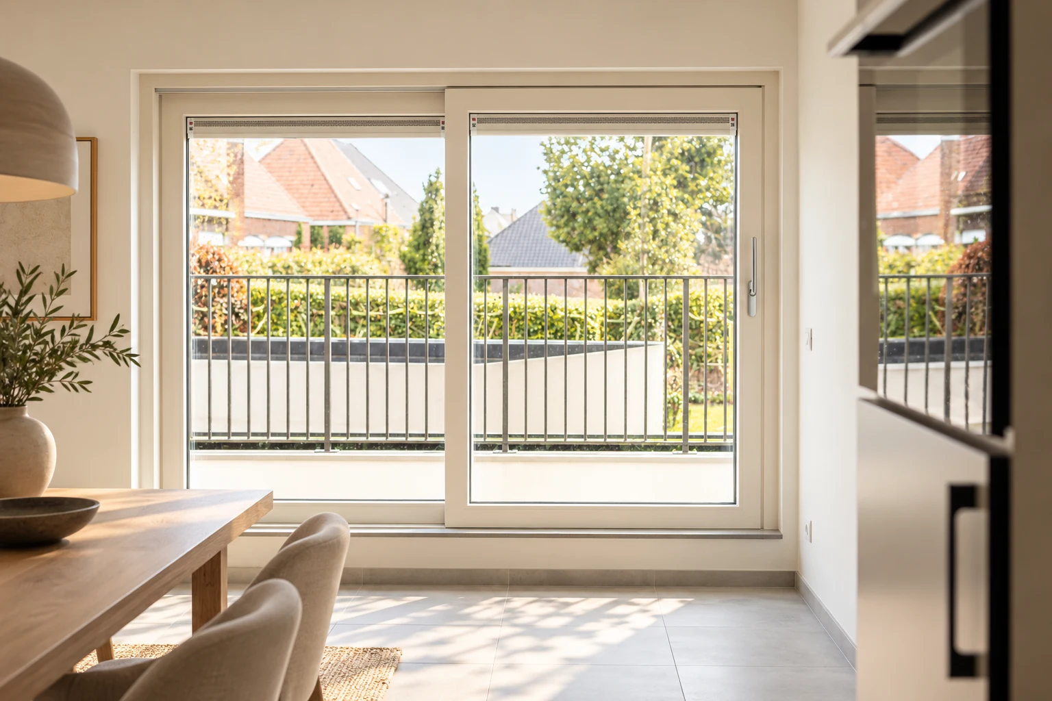 Sfeerbeeld van een wit schuifraam met uitzicht op een balkon