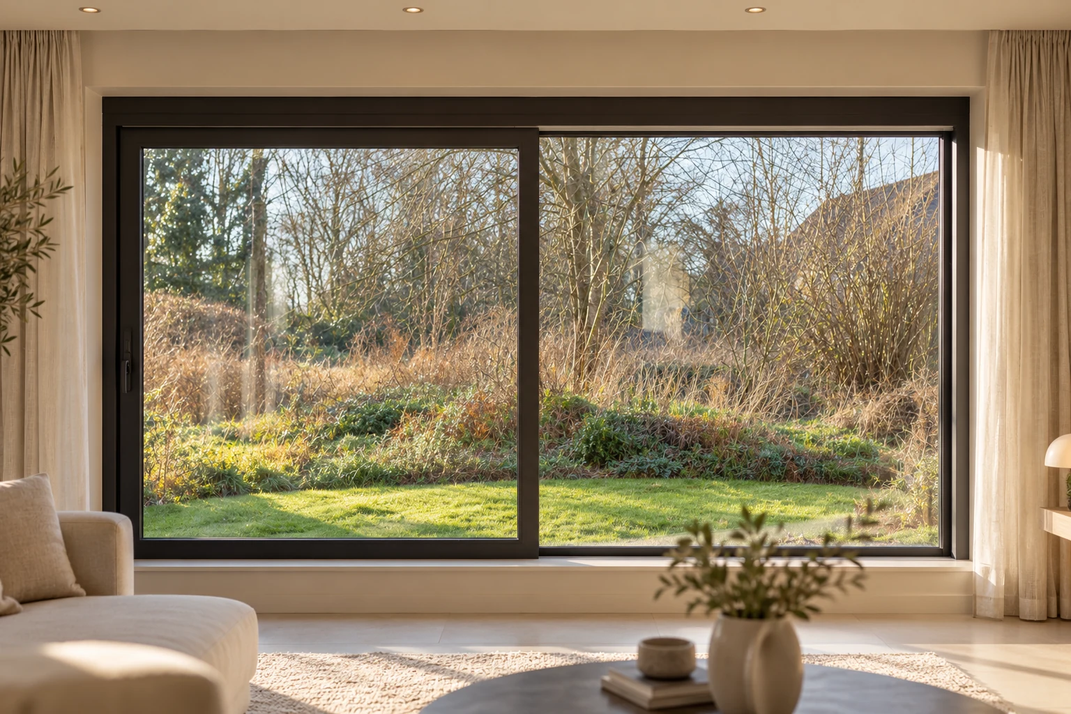 Sfeerbeeld van een lichte woonkamer met een grote donkere glaspartij