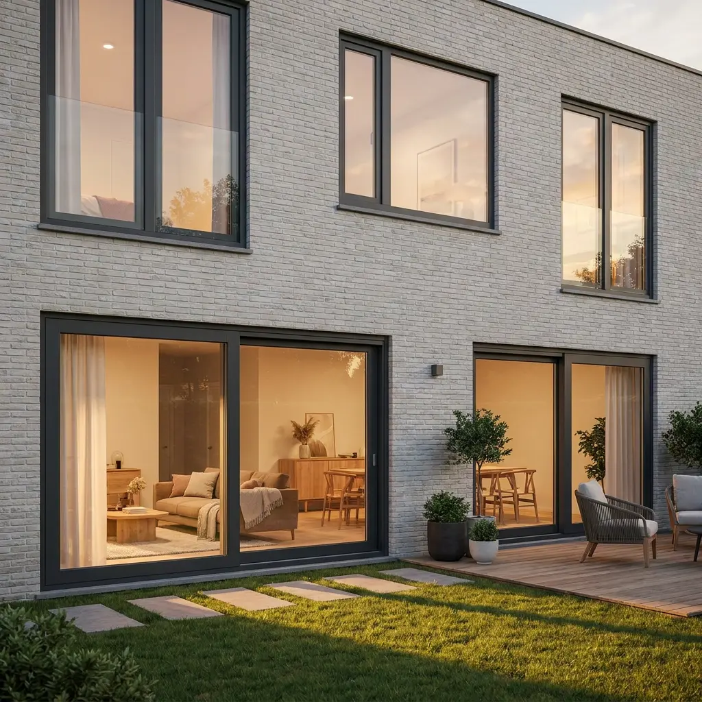 Antraciet PVC ramen en schuiframen in een moderne woning met grijze baksteen en terras