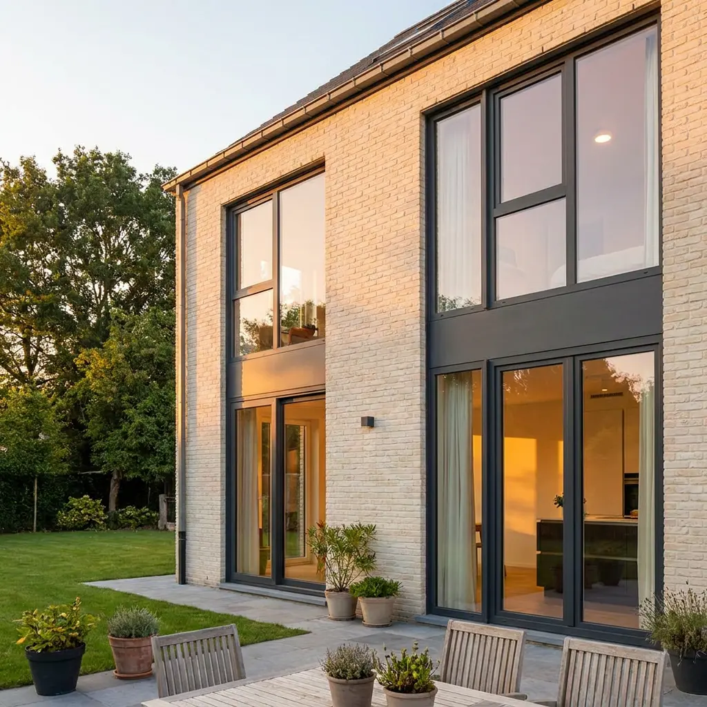 Antraciet PVC ramen en hoge raampartijen in een woning met lichte gevelsteen, tuinzijde