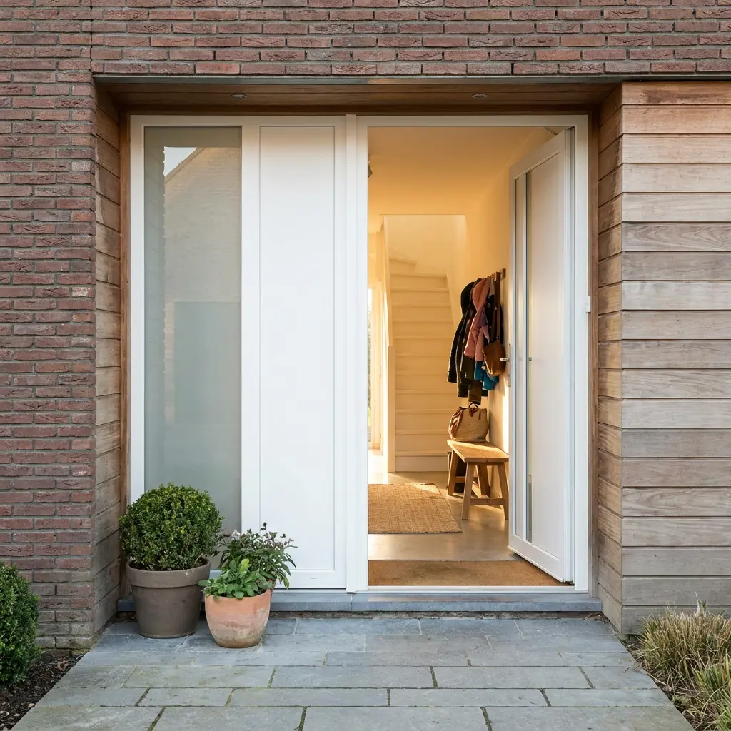 Witte pvc buitendeur met vast zijpaneel en glazen zijlicht in een gevel van rode baksteen en hout