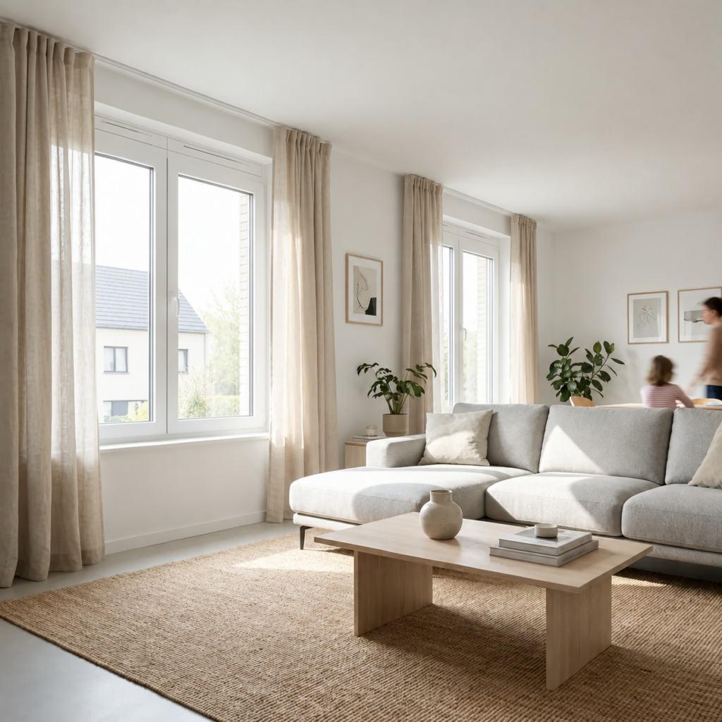 Lichte woonkamer met witte PVC ramen en een ventilatierooster boven elk raam