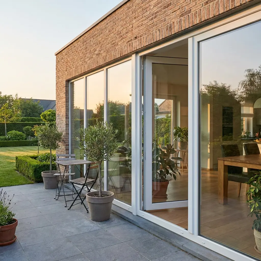Witte pvc achterdeur met glas die opengaat naar een terras en tuin, met grote glaspartijen in een bakstenen gevel