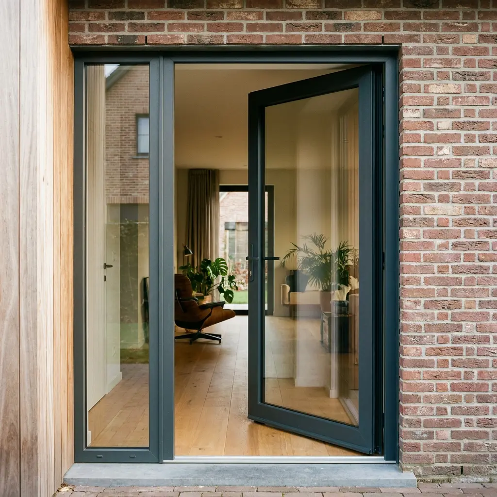 Antraciet PVC deur op maat met glazen deurvleugel en vast zijlicht in een bakstenen gevel