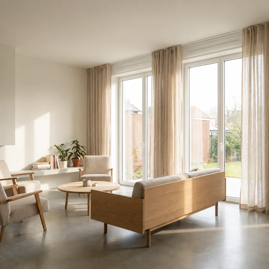 Lichte woonkamer met witte PVC ramen naar de tuin en een ventilatierooster bovenaan