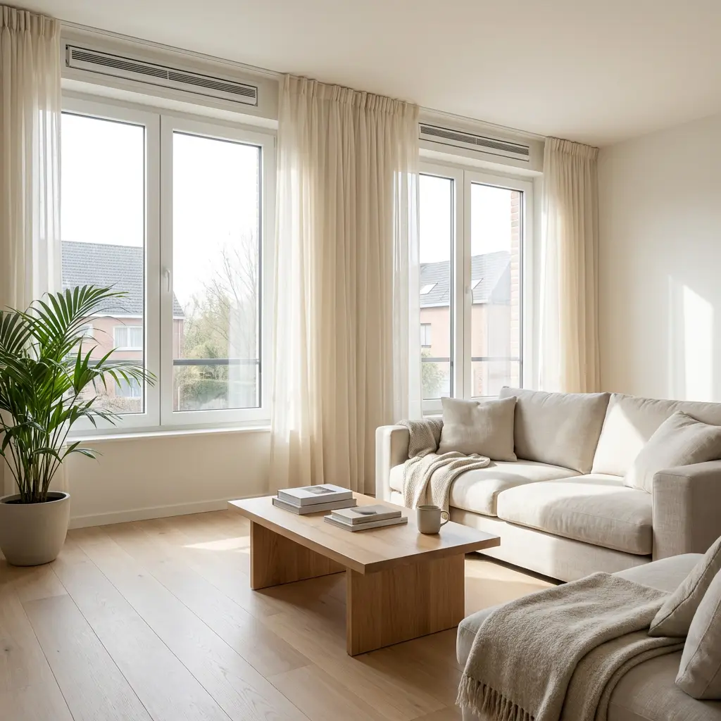 Séjour lumineux avec fenêtres PVC blanches et une grille de ventilation au-dessus de chaque fenêtre