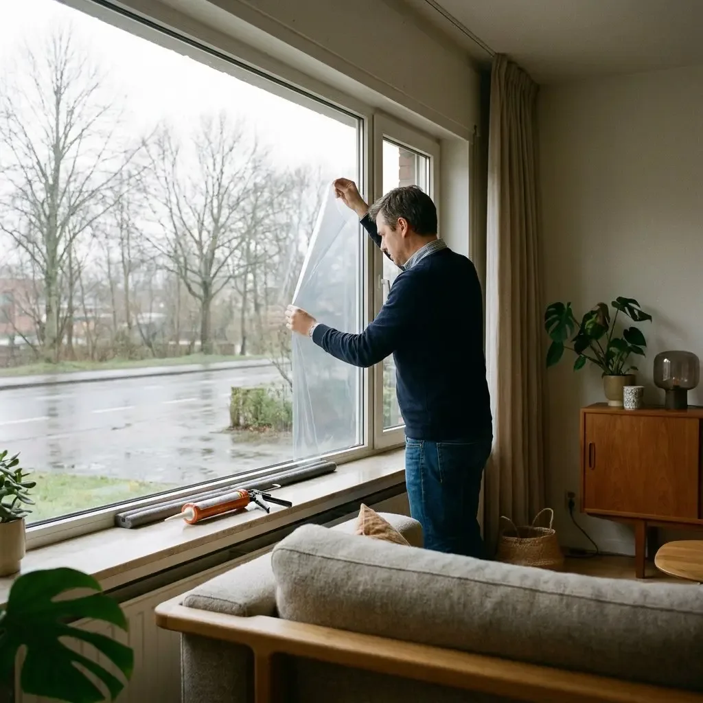 Man brengt isolerende raamfolie aan op een raam in de woonkamer, met tochtband en een kitpistool klaar op de vensterbank