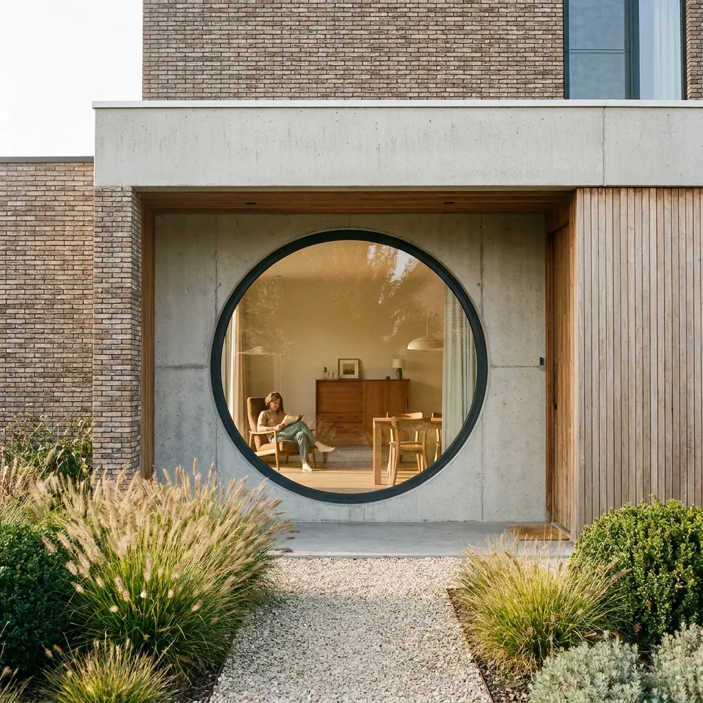 Groot rond PVC raam met donker kader in een moderne gevel met beton, baksteen en houten bekleding