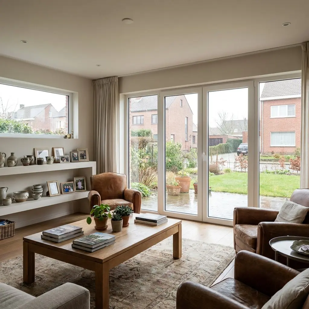 Lichte woonkamer met witte pvc-ramen en een grote glazen terrasdeur met zicht op de tuin